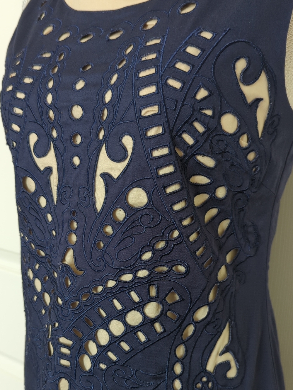 I. Madeline Navy Laser-Cut Mini Dress with Nude Underlay - Picture 3 of 8